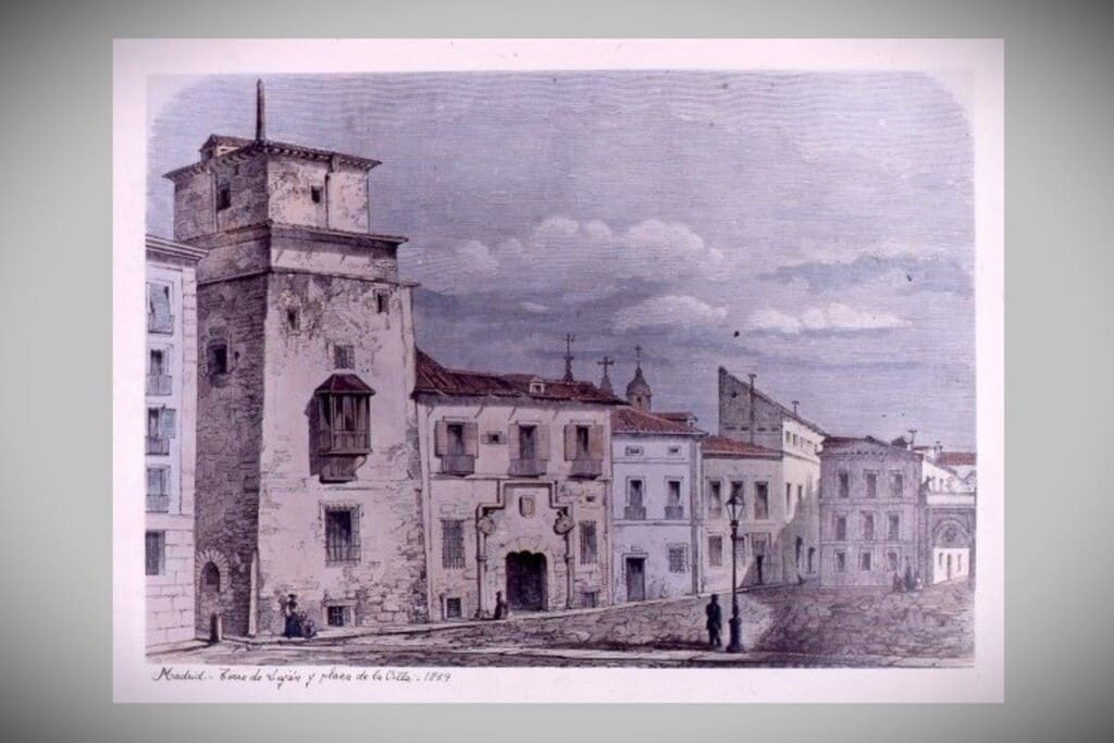 Torre de Luján y plaza de la Villa 1859. Fotografía de un grabado reproducido en una publicación periódica del siglo XIX.