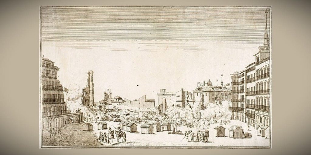 Vista de las ruinas de la Plaza Mayor de Madrid después del incendio de 1790